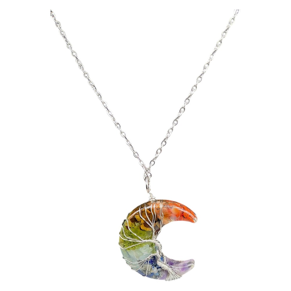 MAIBAOTA Healing Crystal Necklace Tree Life Wire Wrapped Crescent Moon Necklace